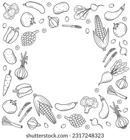 Colección de verduras de dibujo al estilo de doodle. Un conjunto de ilustraciones vectoriales de la cosecha de papas de maíz zanahorias irradia remolacha cebolla tomates, etc.