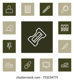 Collection Of Drawing, Zoom Glasses, Puncher And Other Elements.  Set Of 13 Stationery Outline Icons Set. 