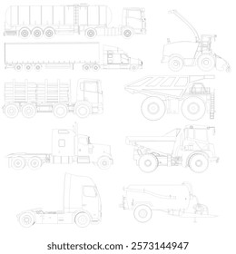 Collection of drawings of different types of trucks. The drawings are all in black and white and are labeled with the type of truck they represent. Side view