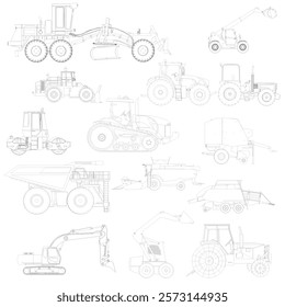 Collection of drawings of farm equipment. The drawings are all in black and white. The drawings include a tractor, a backhoe, a bulldozer, and a dump truck. Side view