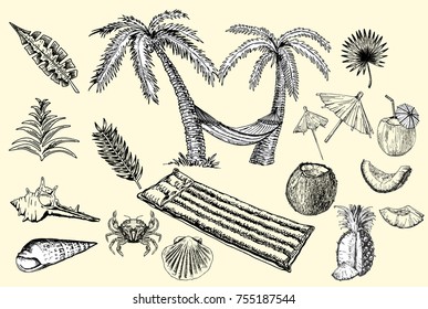 Collection of drawings of hands on vacation, sea, beach . Isolated pictures on a light background.