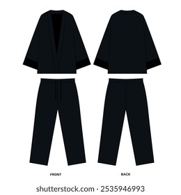 Collection of drawings of jacket and pants in  black, front and back view.  Sketch of pajama suit for home and leisure from pants and cape. Set of kimono costume templates, vector