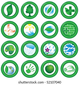 Collection of drawings on an ecological theme made in the form of green icons of the round form