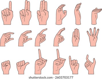 Collection of drawings of palm gesture positions for the deaf and mute
