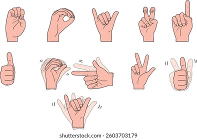 Collection of drawings of palm gesture positions for the deaf and mute