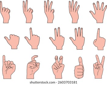 Collection of drawings of palm gesture positions for the deaf and mute