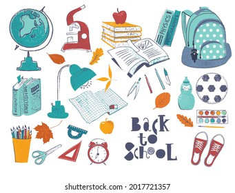 A collection of drawings of school accessories, objects for teaching. Graphic objects are intended for use by designers .