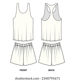 Collection of drawings of sports jersey and loose cut boxer shorts, front and back view. Sketch of home wear of tank top and shorts white color. Outline pattern pajama top and short shorts.