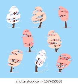 Collection of drawings of stylized flowering trees. Seasons - Spring