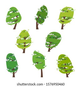 Collection of drawings of stylized green trees. Seasons - Summer