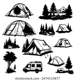 A collection of drawings of tents and a camper van. The tents are of various sizes and shapes, and the camper van is parked in front of a tree. Scene is that of a camping trip