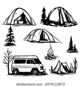 A collection of drawings of tents and a van. The drawings are of different sizes and styles, but all have a similar theme of camping and outdoor living. The mood of the images is relaxed and peaceful