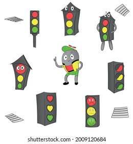 A collection of drawings of various traffic lights, some of which are with emotions, and the central one is in the form of a character personifying a traffic light. Vector design.