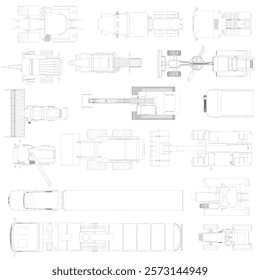 Collection of drawings of various vehicles and buildings. The drawings are in black and white and are all different sizes. Scene is one of creativity and imagination. Top view.