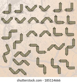 Collection of the drawn brown arrows on the old textured background