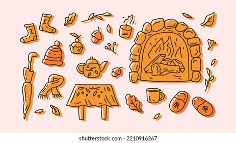 Collection of drawn Cozy Autumn Elements. Vector Illustration. Cozy and Warm Fall Clipart.