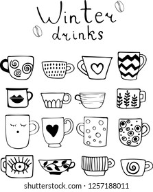 Collection of drawn cups of tea and coffee. Winter drinks. Art can be used for a restaurant menu, coffee shop and cafe. Black linear illustration of silhouette of cans.
