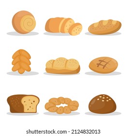 Collection of drawn design with wheat bread in various types, pretzel, muffin, pita, ciabatta, croissant, bagel, toast bread, french, baguette , Bakery concept cartoon design vector illustration