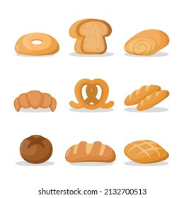 Collection of drawn design with wheat bread in various types, pretzel, muffin, pita, ciabatta, croissant, bagel, toast bread, french, baguette , Bakery concept cartoon design vector illustration