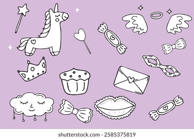 Collection of drawn doodles, flat cartoon, hand drawing, sketching, cute pictures, unicorn, bow, candy, heart, stars, angel wings, crown, mask, envelope, lips, cloud