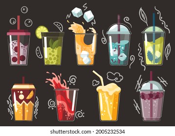 Collection of drawn drink. Various tasty sodas. Summer fruit smoothie drink with fruit flavors. Alcohol cocktails. Doodle smoothie in a jars