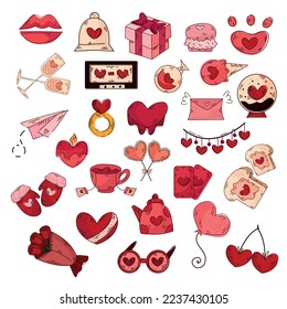 Collection of drawn elements on the theme of love.