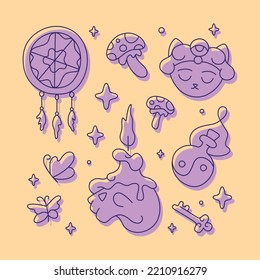 Collection of Drawn Mystic items. Cute Line Art Black Magic Elements Collection. Cute Evil Magic Vector Illustration Set. 