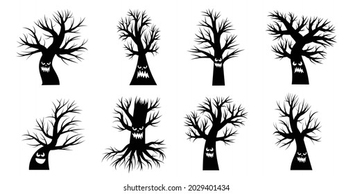 Collection of drawn silhouettes of trees without leaves and foliage. Halloween haunted faces on the tree. Scary smiles and a frightened face. Vector illustration in black and white