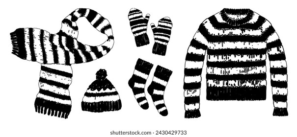 Collection of drawn striped wool knitted clothing for cold weather, sweater, hat, mitten, scarf, black and white vector illustration isolated on white