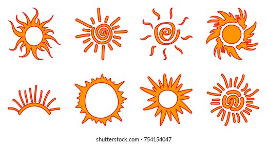 Collection of drawn sun icons, one line, set 6 - stock vector
