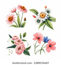 collection of drawn watercolor flowers