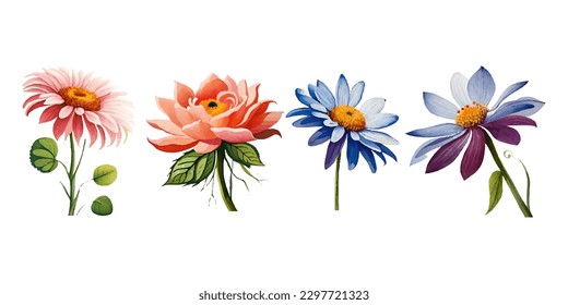 Collection of drawn watercolor flowers
