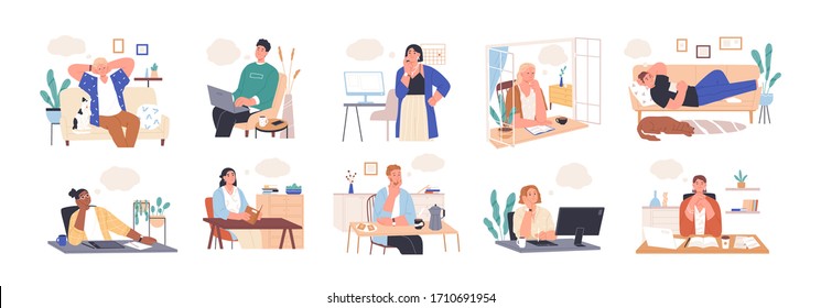 Collection of dreaming people isolated on white. Smiling thoughtful young men and women working and relax at home. Dreamy characters with thought bubble. Vector illustration in flat cartoon style