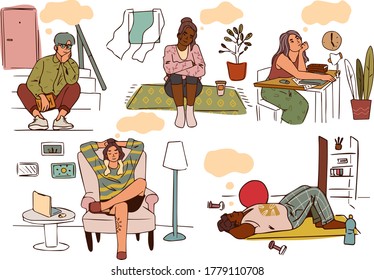 Collection of dreaming people isolated on white. Smiling thoughtful young men and women working and relax at home. Dreamy characters with thought bubble. Vector illustration in flat cartoon style.