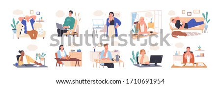 Collection of dreaming people isolated on white. Smiling thoughtful young men and women working and relax at home. Dreamy characters with thought bubble. Vector illustration in flat cartoon style