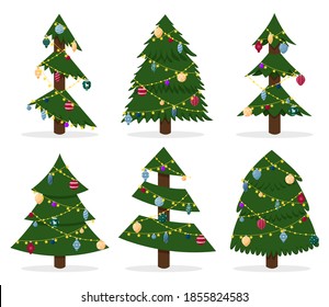 Collection of dressed up Christmas tree. Green Christmas tree isolated on white. Abstract illustration of doodle tree, modern flat design. Vector illustration