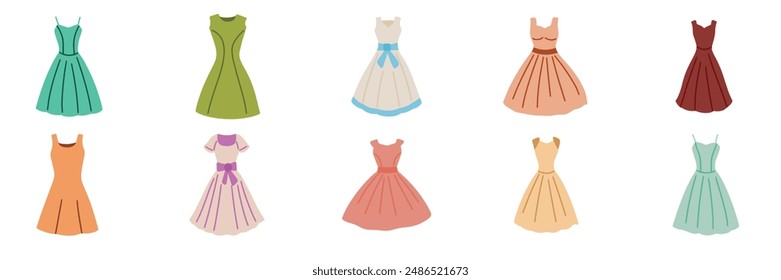 Collection of dresses in flat style. Hand drawn vector art.