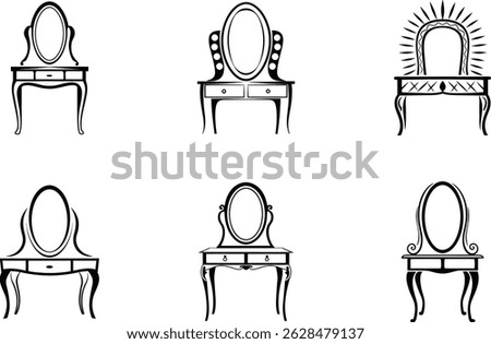 Collection of dressing table silhouette designs with oval mirrors and drawers