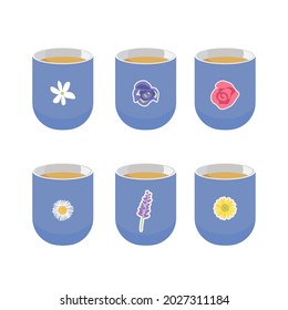 Collection of dried flower tea in a cup for health.