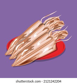 Collection of dried squid illustrations in Chinese New Year, vector, purple background.