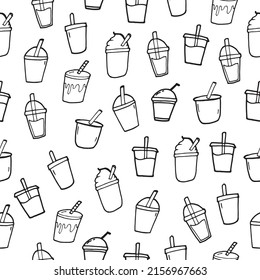 collection of drink cup with straw illustration isolated on white background. hand drawn vector. seamless pattern with cup of bubble tea. doodle for wallpaper, wrapping paper, fabric, textile. 