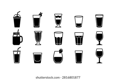 Collection of drink glasses icon set featuring diverse styles such as juice glass, cocktail glass, milkshake glass, and smoothie cup, suitable for menus, illustrations, and beverage-related designs, showing different liquid levels and garnishes.