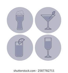 Collection of drink icons in circular outlines. Milkshake, cocktail, lemonade, and champagne glass, showcasing contemporary design aesthetics