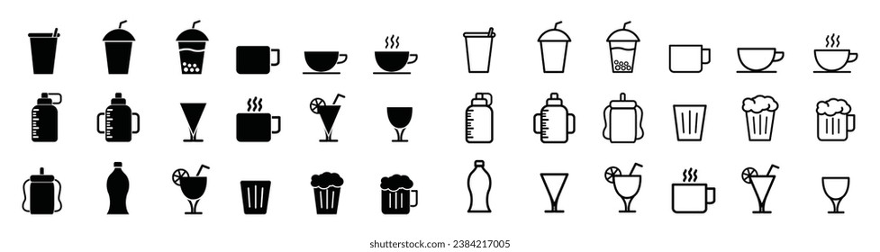 collection of drink icons for glasses, cups, bottles in flat and outline form, icons for social media business needs and others. icon vector illustration