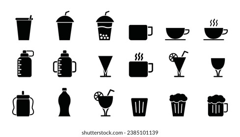 collection of drink icons for glasses, cups, bottles in flat, icons for social media business needs and others. icon vector illustration