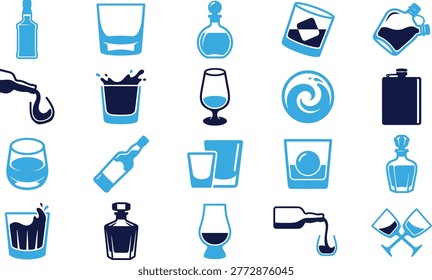 Collection of drink icons including bottles glasses decanters and liquid splashes suggesting alcohol and beverages.