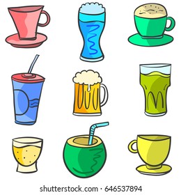 Collection drink various style doodle set