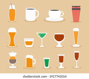 A collection of drink vector icons. Tea, coffee, alcohol, wine, beer, mineral water, fizzy water, smoothie, cocktail, juice.