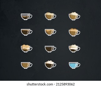 collection of drinks. bar. coffee. latte and espresso. a set of cups. menu. web. icons and signs. vector illustration. cocktail. water