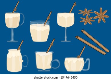 Collection Of Drinks Egg Nog. Set Of Eggnog Cup. Egg-nog Illustrations Isolated On A Blue Background. Traditional Christmas Drinks,beverages,cocktails. Clip Art For Winter Holiday Decorations. Vector